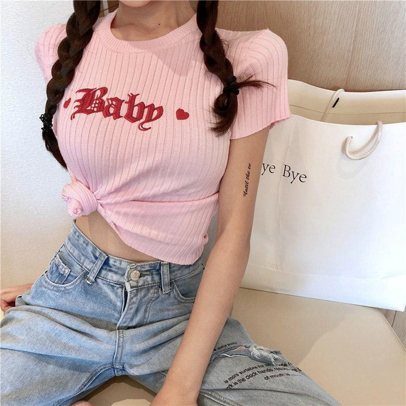 Knit Baby Crop Top Belly Shirt Embroidered