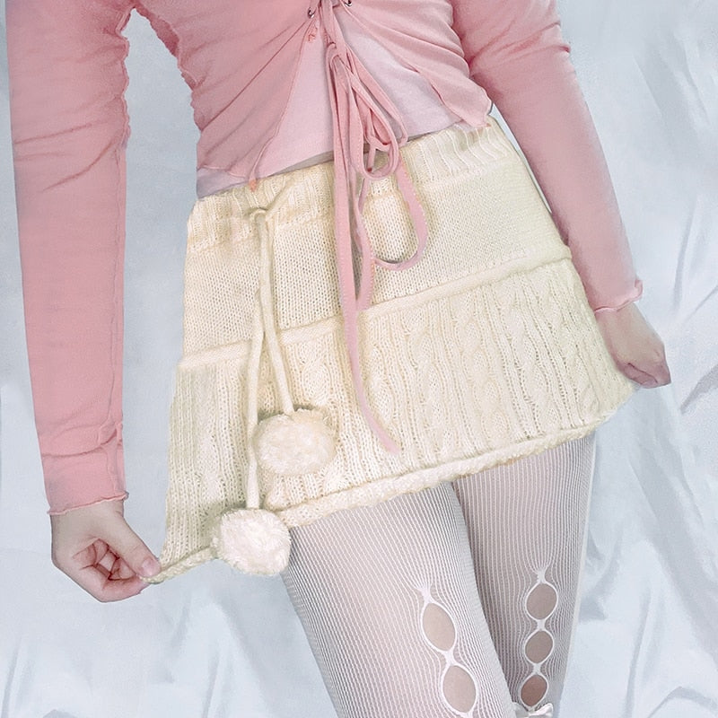 Knit Beige Pompom Skirt - coquette, dollette, fae, faecore, fairycore Kawaii Babe