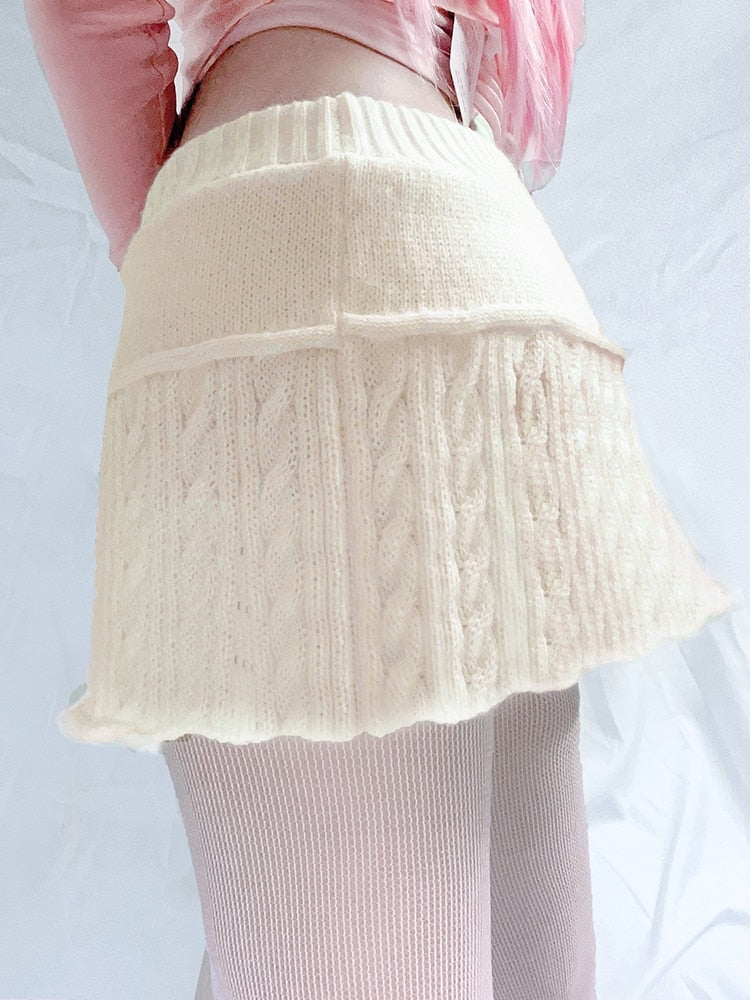 Knit Beige Pompom Skirt - coquette, dollette, fae, faecore, fairycore Kawaii Babe