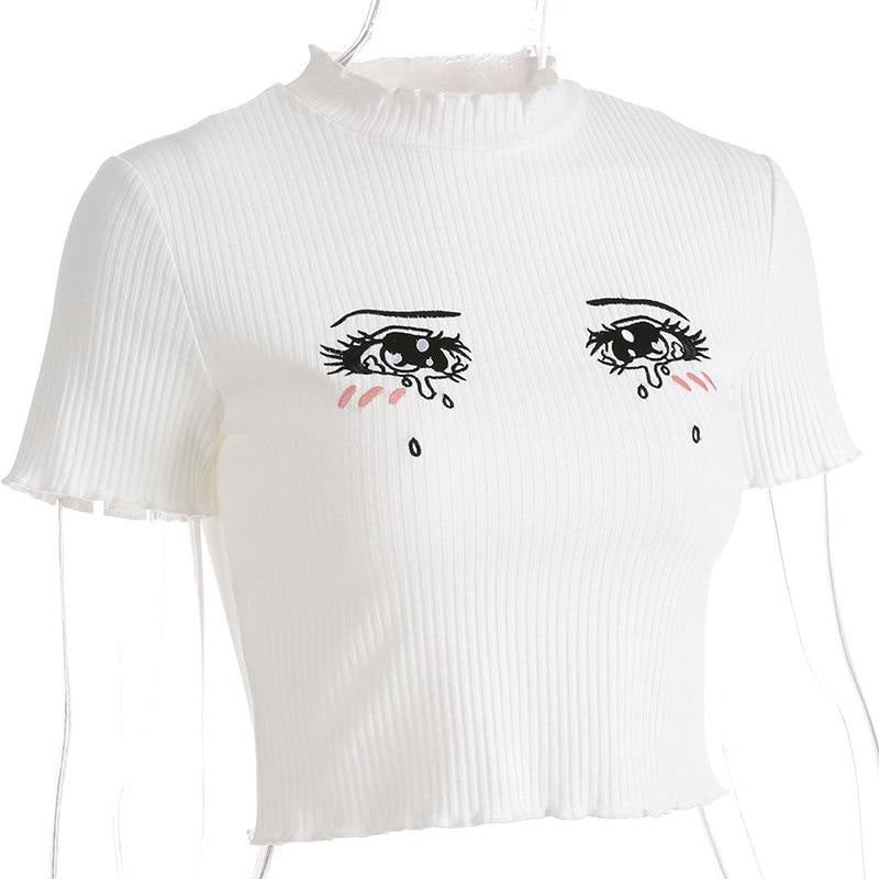 Knit Sad Eyes Crop Top - Shirt