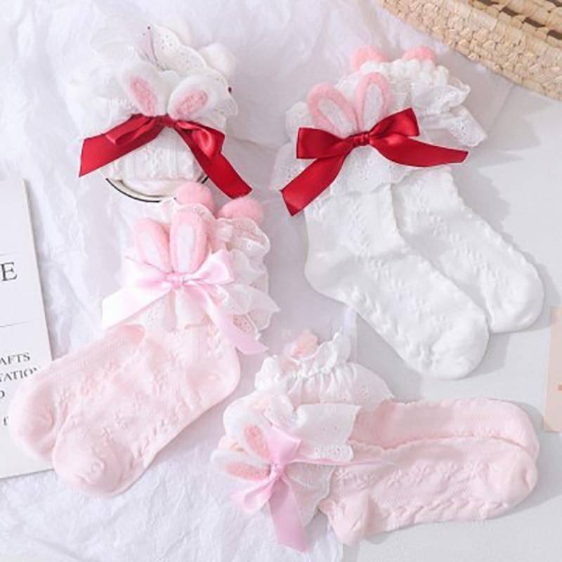 Lace Baby Bun Sockies - Pink With Ribbon - bunnies, bunny, bunny ears, feet, lace