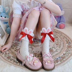 Lace Baby Bun Sockies - White With Red Ribbon - bunnies, bunny, bunny ears, feet, lace