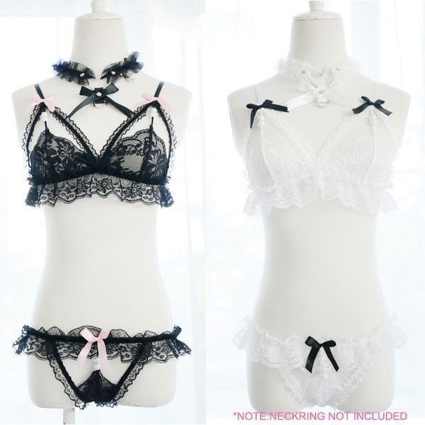 Lace harness lingerie set - black underwear - bows - bralette - brasier - cat