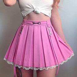 Lace Hemmed Pleated Skirt - belted, lace trim, pink skirt, pleated skirts