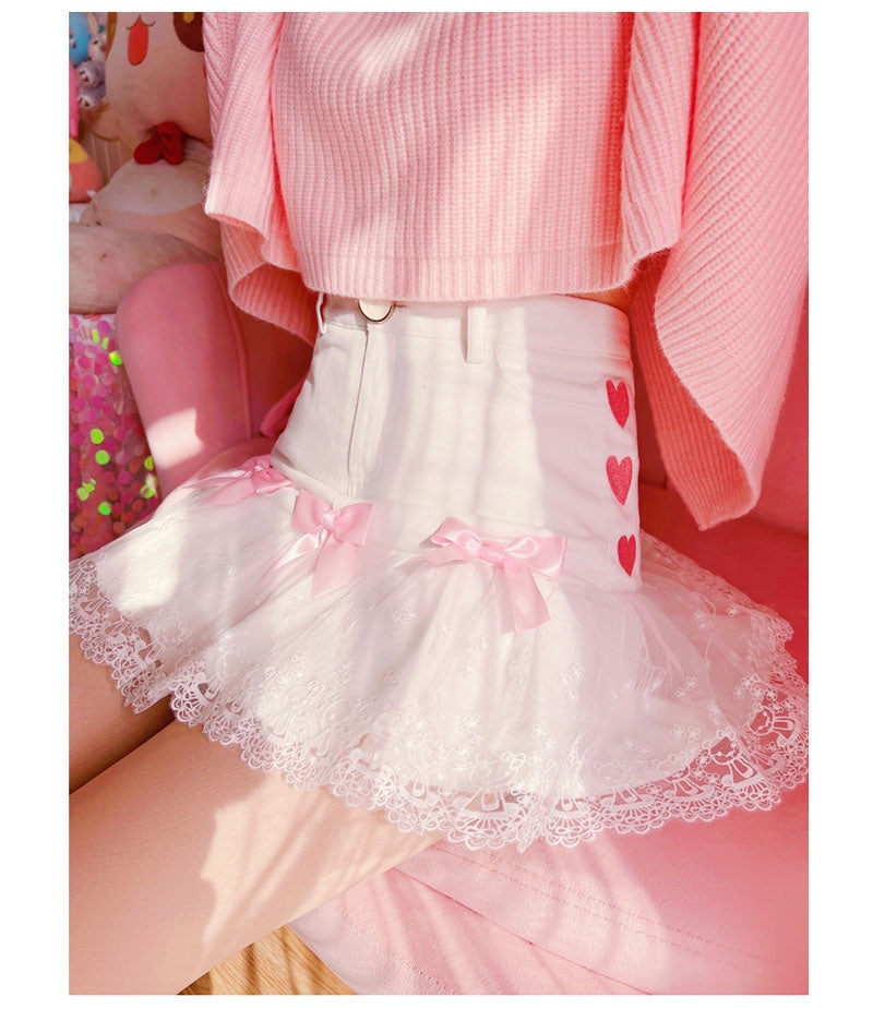 Lace Pink Ribbon Lolita Skirt Pleated Kawaii Fairy Kei | Kawaii Babe