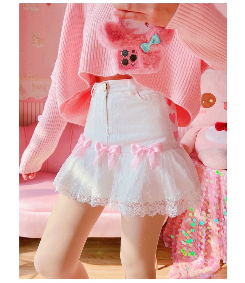Lace Pink Ribbon Lolita Skirt Pleated Kawaii Fairy Kei