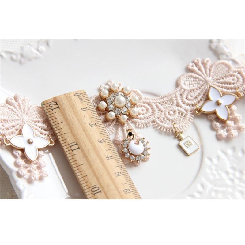 Elegant Pink Lace Victorian Collar Choker Necklace Dainty Pearls & Diamonds 