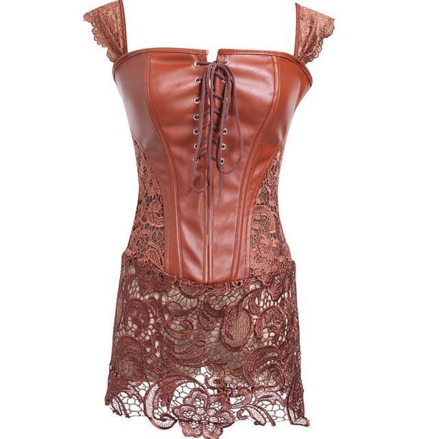 Latex & Lace Corset Dress (Up to 6XL) - Brown / 4XL - shirt