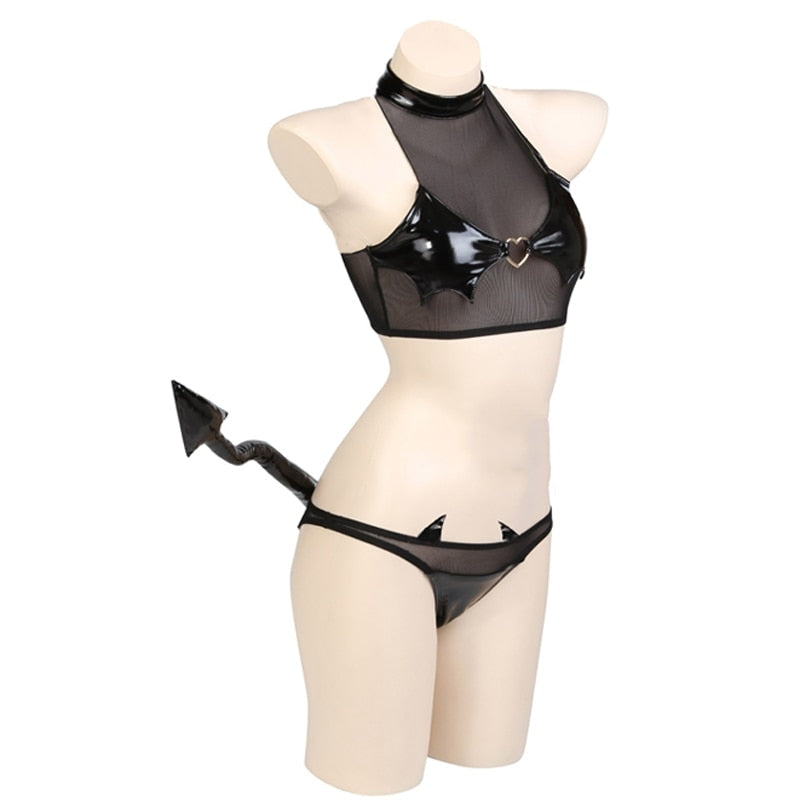 Latex Mesh Devil Cosplay - black latex, devil, devil horns, wings, devilish