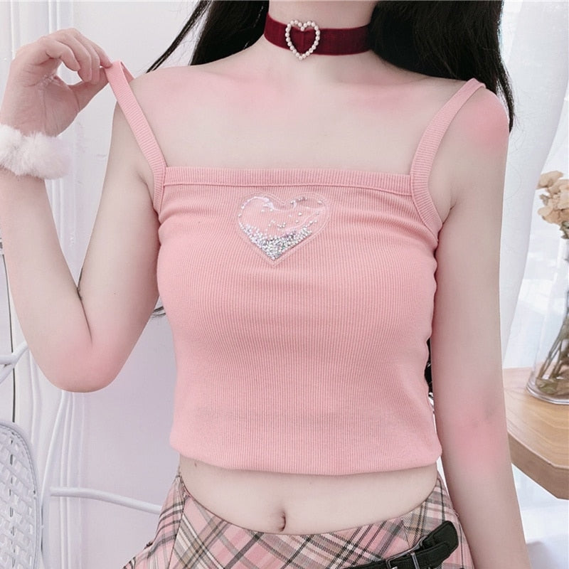Liquid Glitter Heart Tank Top Croped Shirt Princess Cute Kawaii Babe