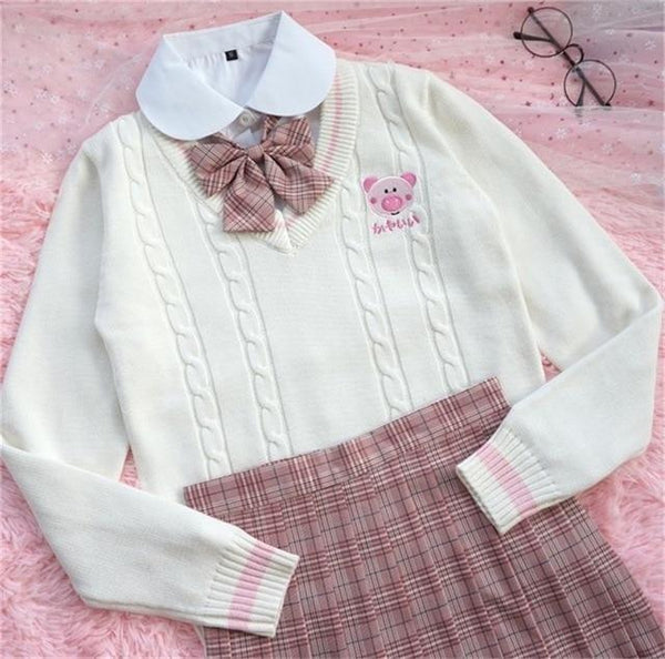 Kawaii Piggy Piglet Pig Sweater Vest Sweatshirt Knit Long Sleeve V-Neck Pastel Fairy Kei Cute Fashion