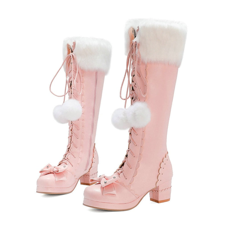 Lolita Bow Fur Knee High Boots - booties, boots, footwear, lolita fashion, lolita style Kawaii Babe