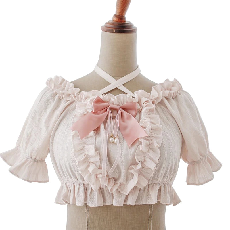Lolita Sweet Blouses Adolescentes Col de Poupée Manches Bouffantes Boutonné Chemises Style Japonais Chemisier d'été Tops, blanc, S Lolita Sweet Blouses Adolescentes Col de Poupée Manches Bouffantes Boutonné Chemises Style Japonais Chemisier d'été Tops, blanc, S