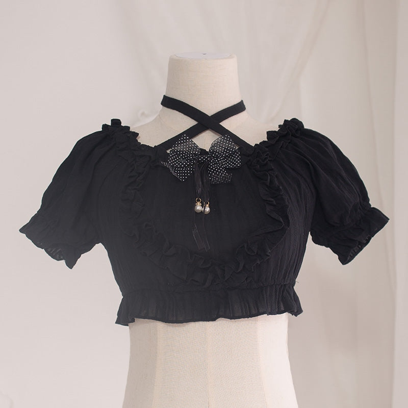 Lolita Cropped Blouse - Black - blouse, blouses, crop top, cropped tank, top