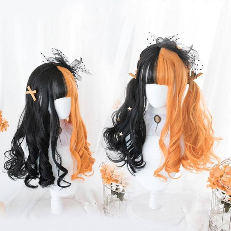 Long Split Halloween Lolita Wig - bangs, black and orange, fake hair, goth, gothic