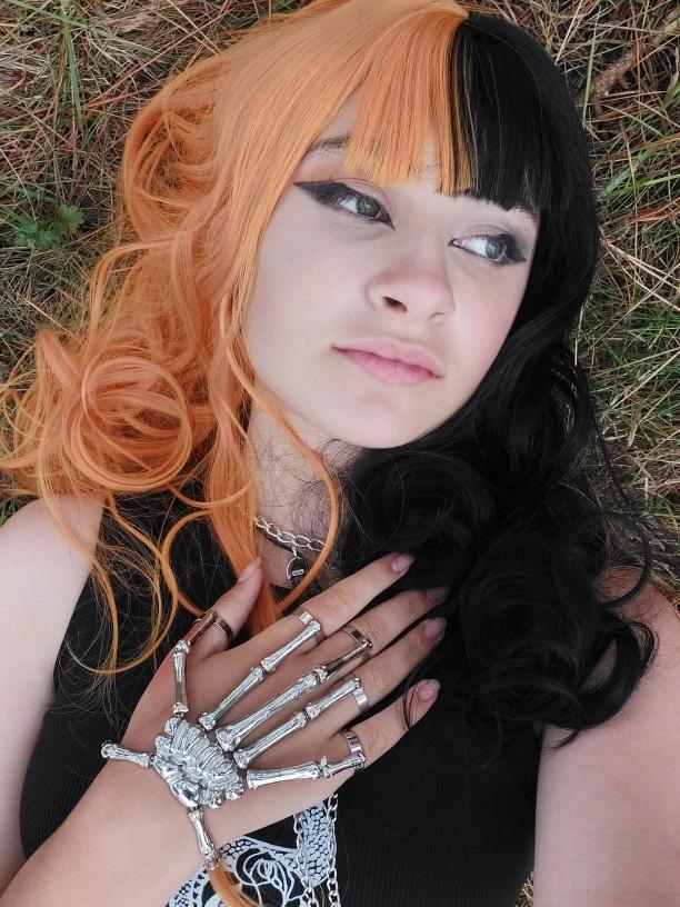 Long Split Halloween Lolita Wig - bangs, black and orange, fake hair, goth, gothic