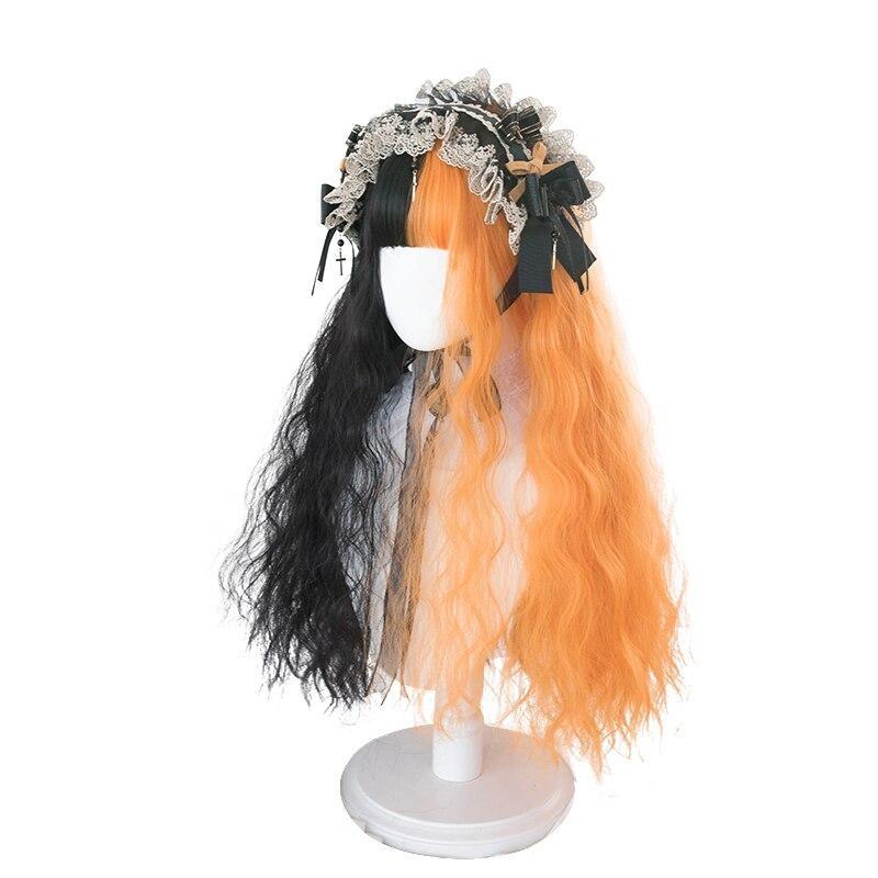 Long Split Halloween Lolita Wig - Tight Waves - bangs, black and orange, fake hair, goth, gothic