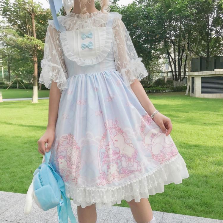 Pastel Blue Sweet Lolita JSK Dress Fairy Kei Kittens Cat Print EGL