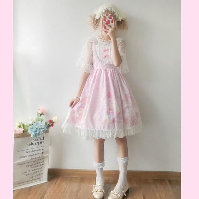 Pastel Pink Sweet Lolita JSK Dress Fairy Kei Kittens Cat Print EGL