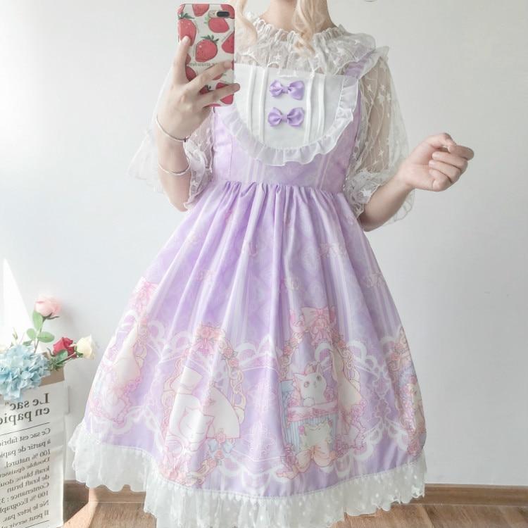 Lavender Purple Sweet Lolita JSK Dress Fairy Kei Kittens Cat Print 
