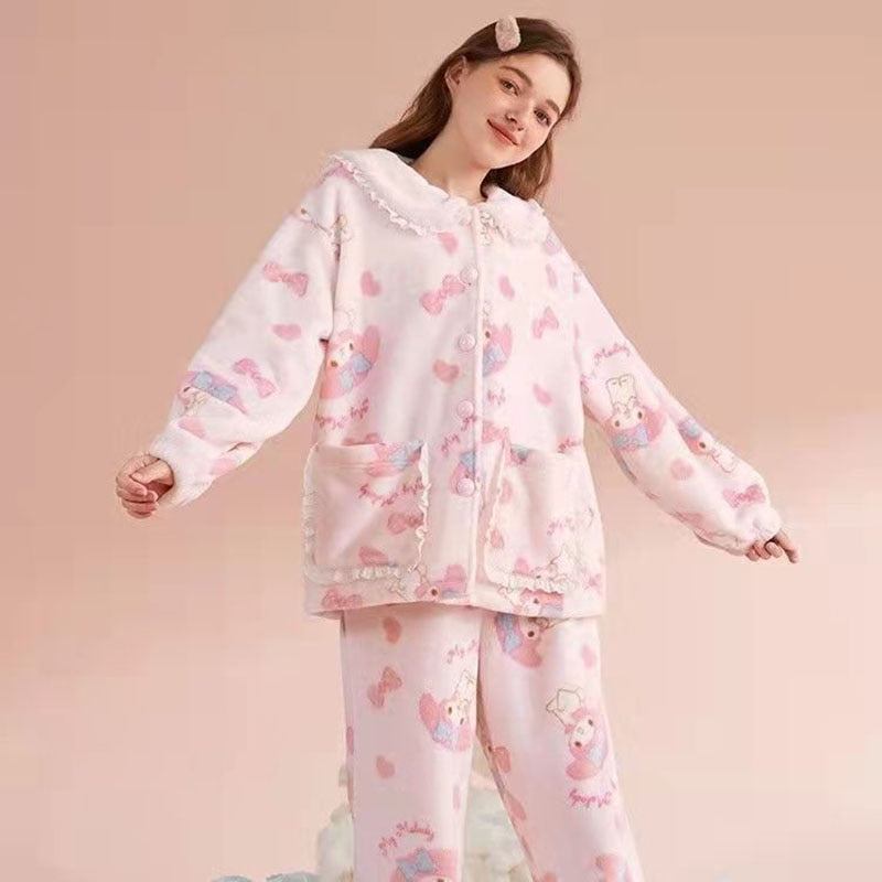 Sanrio Cinnamoroll My Melody Plush Cotton Nightdress With Robe Two-piece  Pajamas Set For Women Home Cute Nightgown Bathrobe Suit 