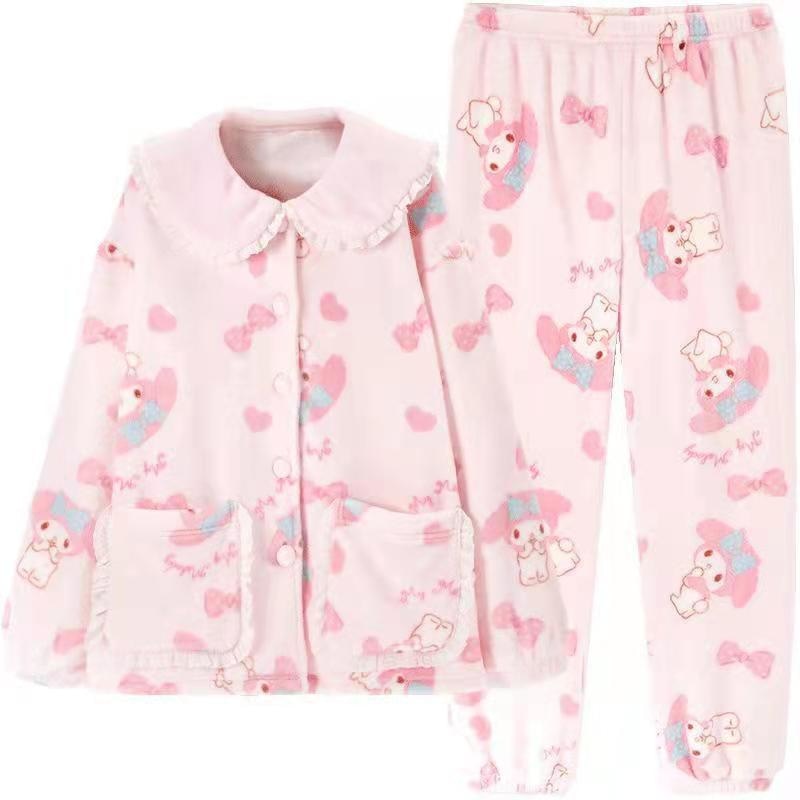My Melody Fuzzy Pajama Set for Women Soft Plush Robe and Fleece Pants 2  Piece Sleepwear Loungewear Warm House Coat