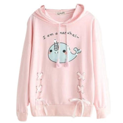 Pink Blue Narwhal Hoodie Sweater Sweatshirt Kawaii Fashion Fairy Kei Cute Unicorn Whale Corset Lace Up Ribbon Ties 
