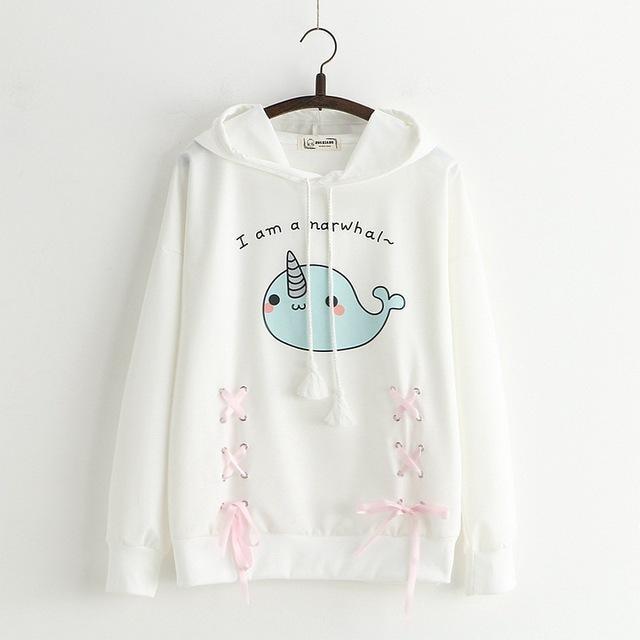 White Blue Narwhal Hoodie Sweater Sweatshirt Kawaii Fashion Fairy Kei Cute Unicorn Whale Corset Lace Up Ribbon Ties 