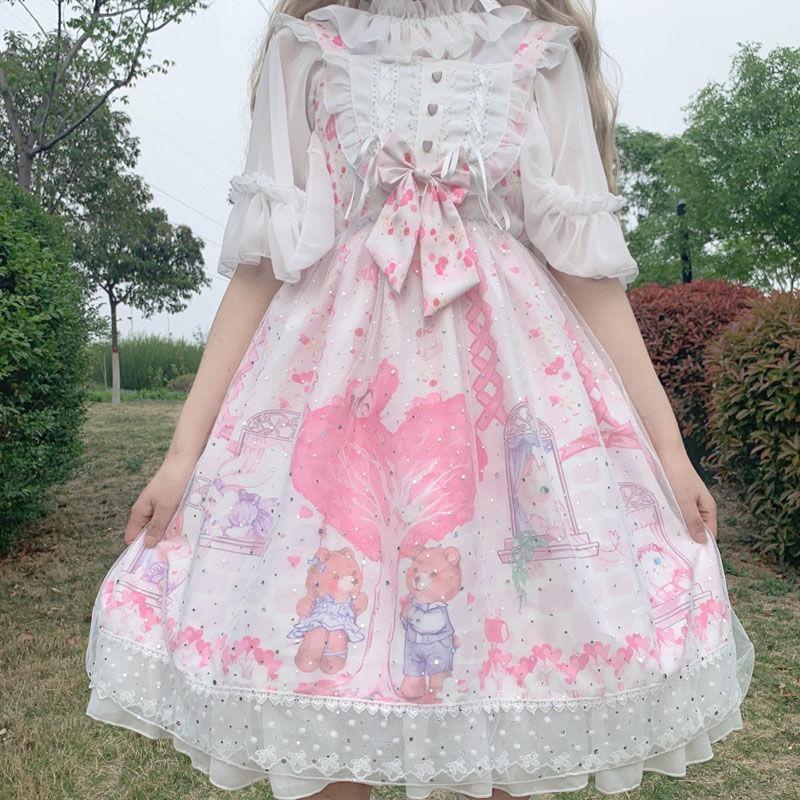 Neko Family Tree Lolita Dress - White / L - bear dress, bears, cats, girly, jsk