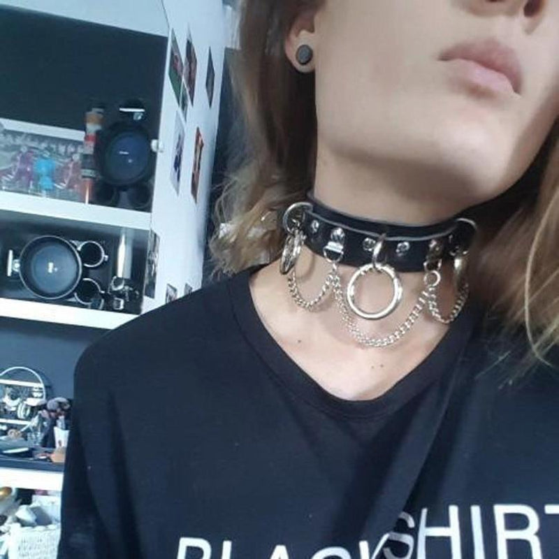 Black Metal Bell Punk Choker Necklace Sexy Leather Harness Collar