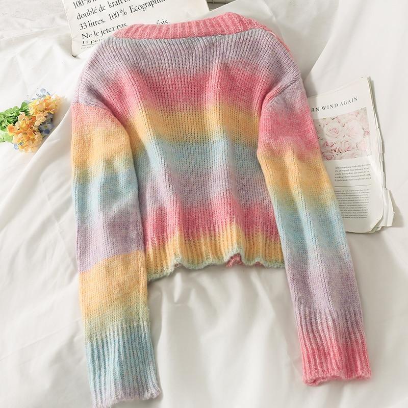 Pastel Rainbow Knit Cardigan Sweater Flower Hippie 70s DDLG Shop
