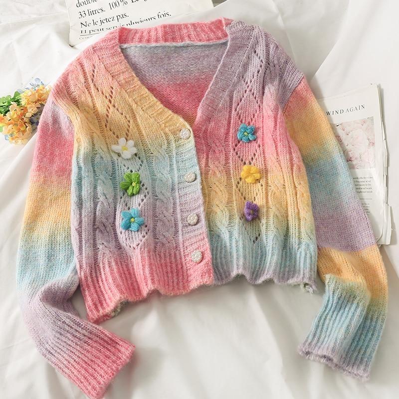 Pastel Rainbow Knit Cardigan Sweater Flower Hippie 70s DDLG Shop