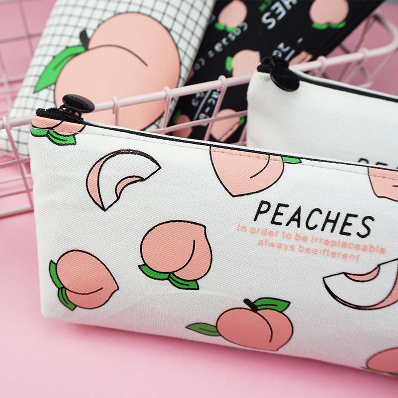 Peaches Cosmetic Make-Up Bag Stationary Pencil Case Zipper Peach Fruit Kawaii Style Clutch Purse