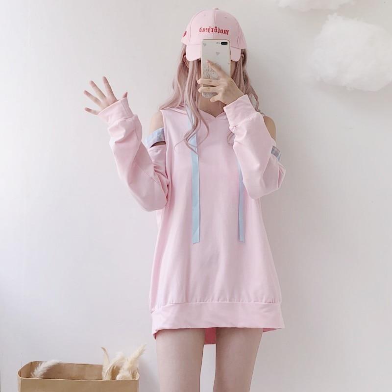 Pastel Pink Fairy Kei Long Sleeve Hoodie Off The Shoulder peekaboo Sweatshirt Harajuku Japan K-Pop Fashion 