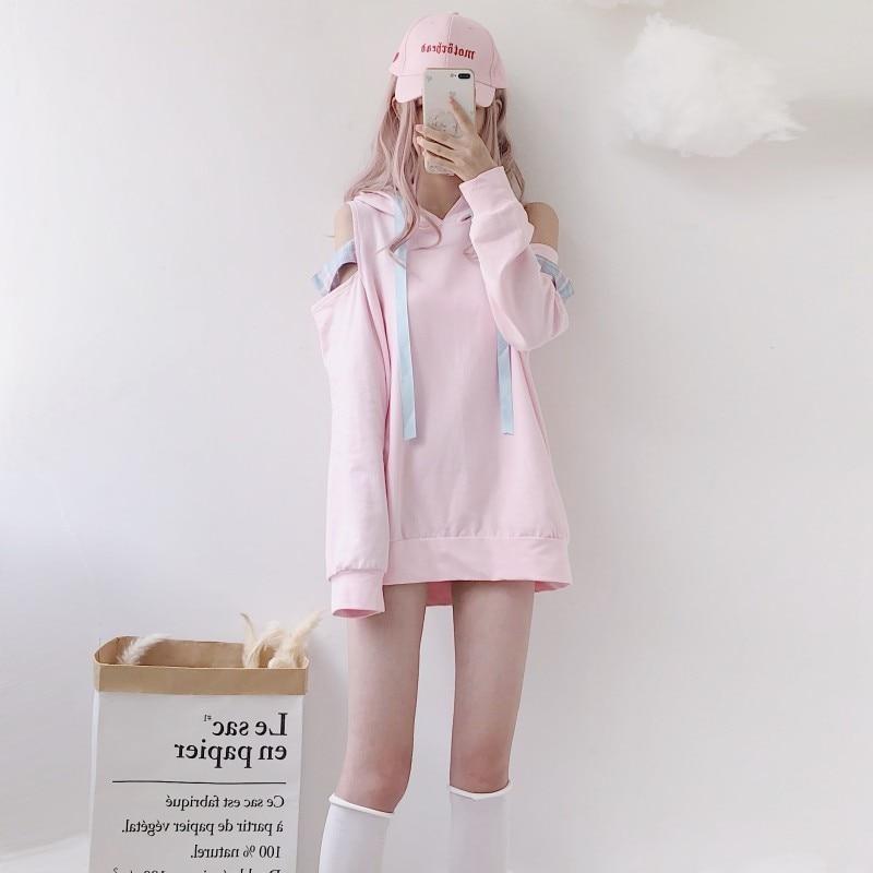 Pastel Pink Fairy Kei Long Sleeve Hoodie Off The Shoulder peekaboo Sweatshirt Harajuku Japan K-Pop Fashion 