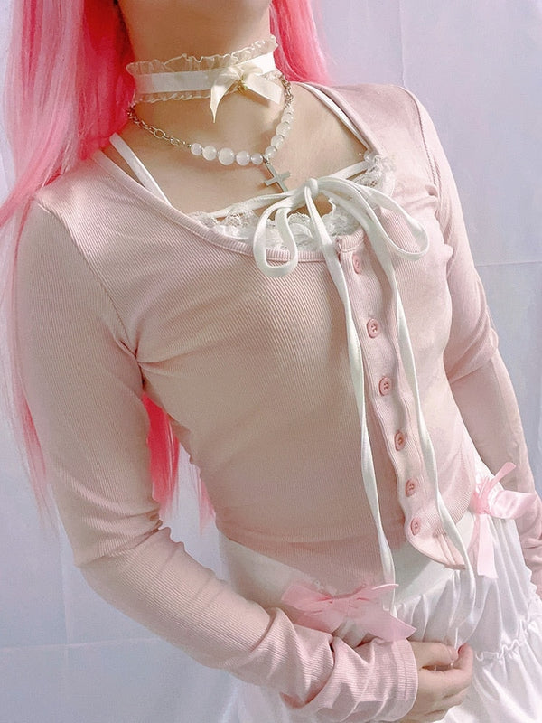 Pink Button Up Lace Cardigan - cardigan, cardigans, coquette, dollette, fae Kawaii Babe