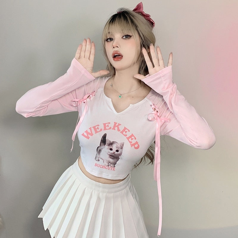 Pink Kitten Long Sleeve Crop Top – Kawaii Babe