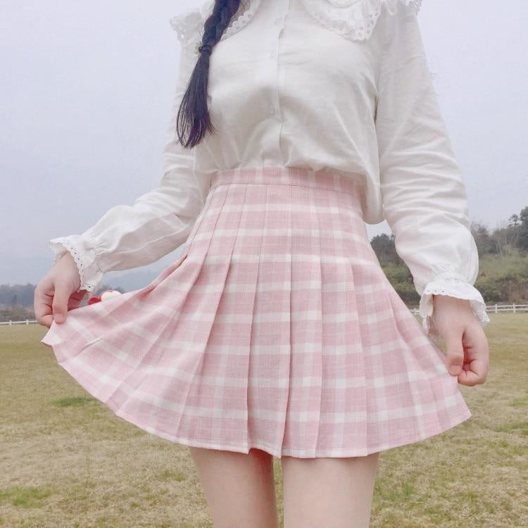 Pink Plaid School Girl Skirt Pleated Tennis Style Kawaii Babe