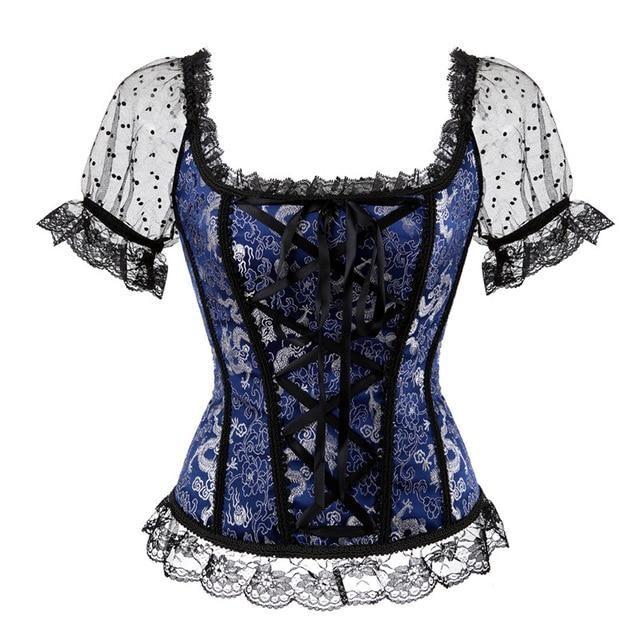 G World 3pc Lovers Corset, Tattoo Lace, Wired Cups, Key Holes & Stockings  OH2330 French Blue
