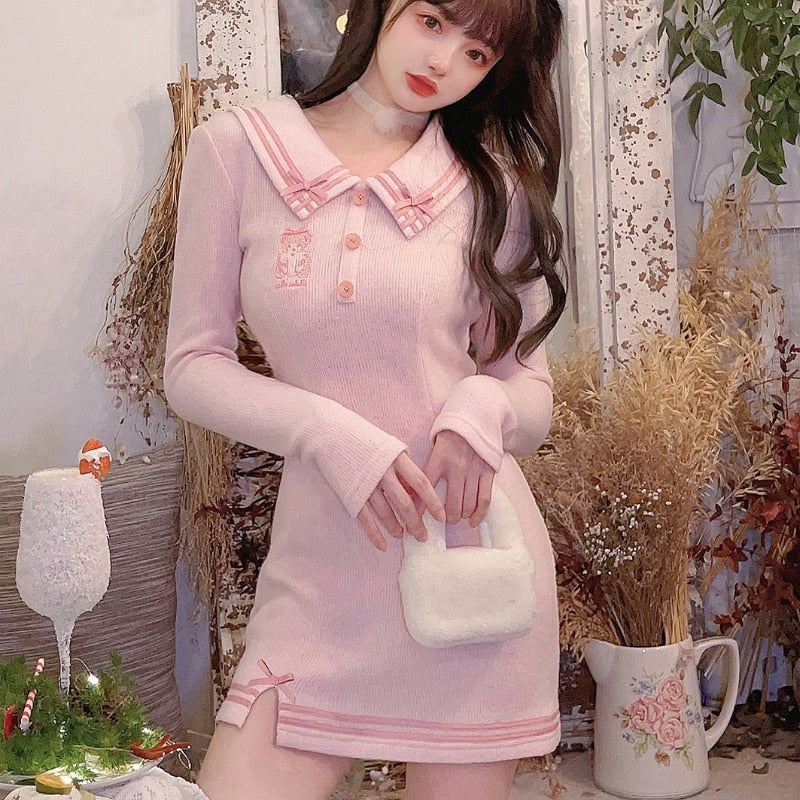 Pink Sailor Bear Sweater Dress - angelcore, angelic, coquette, dollette, dresses Kawaii Babe