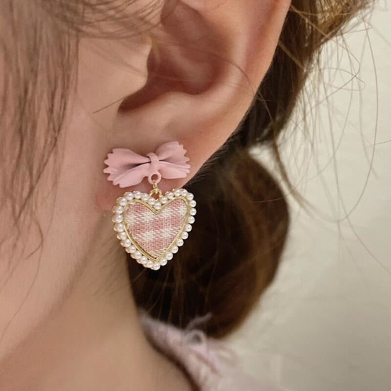 Plaid Heart Drop Earrings - earrings