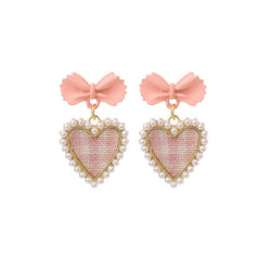Plaid Heart Drop Earrings - Pink - earrings