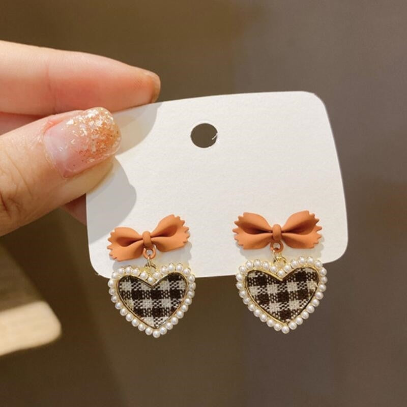 Plaid Heart Drop Earrings - Pink/Black - earrings