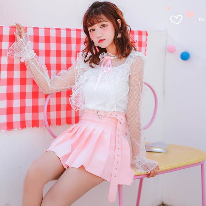 Pink Pleated School Girl Skirt Kawaii Cute Fashion Harajuku Heart Buckle Belt