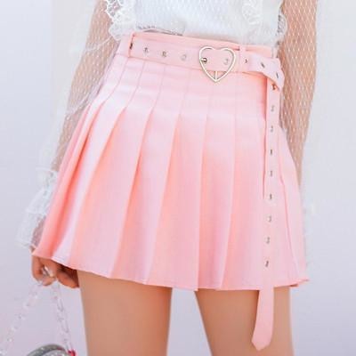 Pleated School Girl Skirt Heart Belt Buckle Cute Girly
