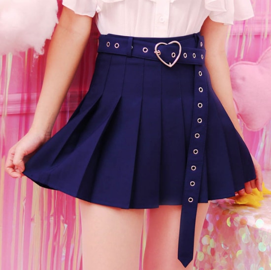 Navy Blue Pleated School Girl Skirt Kawaii Cute Fashion Harajuku Heart Buckle Belt