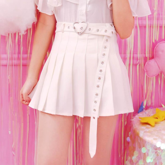 White Pleated School Girl Skirt Kawaii Cute Fashion Harajuku Heart Buckle Belt