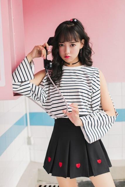 Black Pleated Heart Tennis Skirt Embroidered Harajuku Kawaii Fashion 