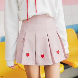 Pink Pleated Heart Tennis Skirt Embroidered Harajuku Kawaii Fashion 