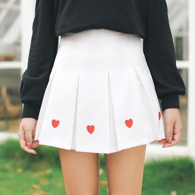 White Pleated Heart Tennis Skirt Embroidered Harajuku Kawaii Fashion 
